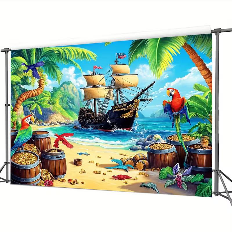 Tropical Pirate Tapestry - Beach Pirate Ship Parrot Treasure Home Decor Background