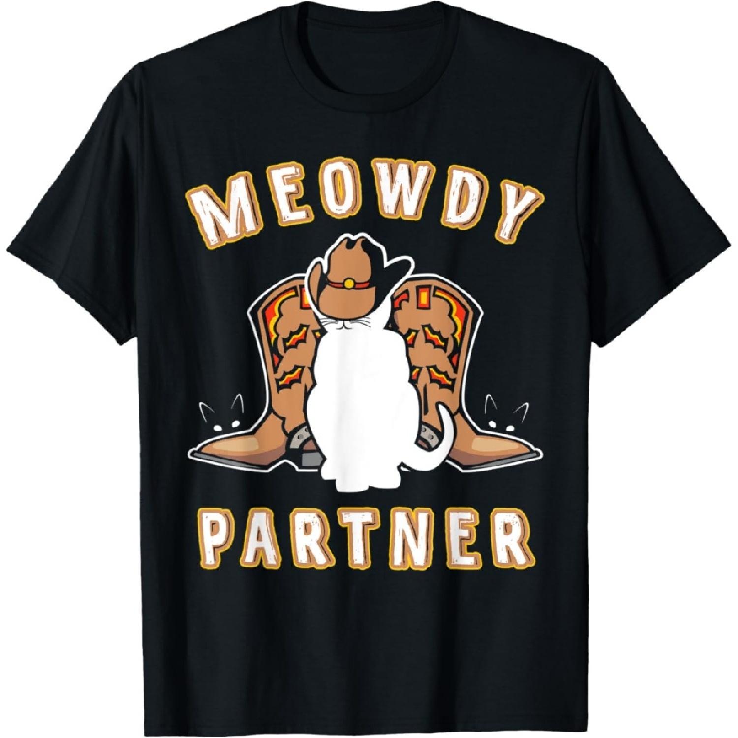 Meowdy Partner Cowboy Cat and Boots Western Meow Pun Kitty T-Shirt S