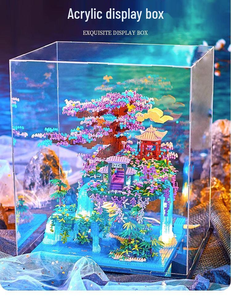 Fairy Pavilion Cherry Blossom Treehouse with Peach Blossom Pond - Creative Ancient Style Building Block Ornament, Handmade Assembly Scene.