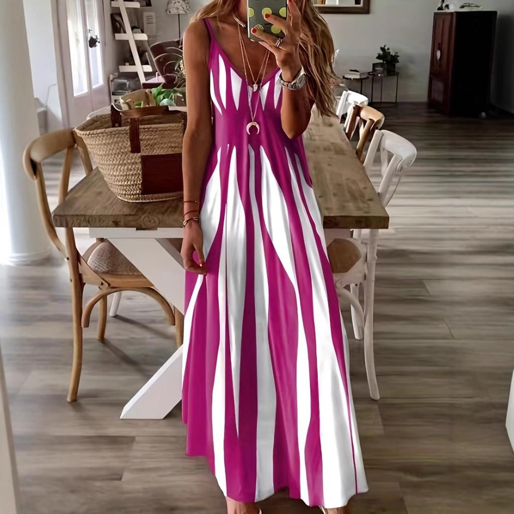 Summer New Women's Sleeveless Cami Dress, Fashion Loose Fit Geometric Pattern Casual Dress for Women, European American Style Crossbody Apparel