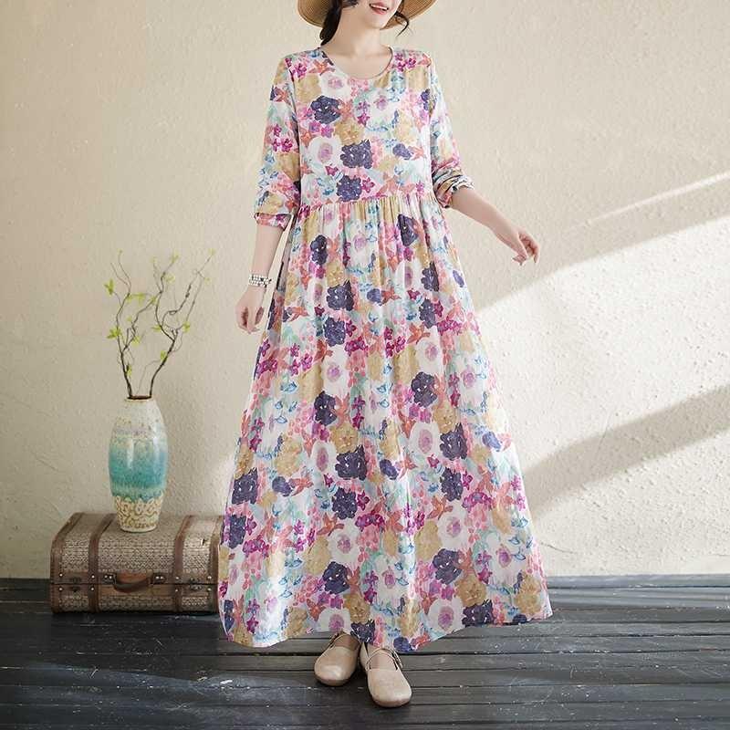 Literary Aging New Floral Vacation Style Travel Round Neck Long Sleeve Dresses