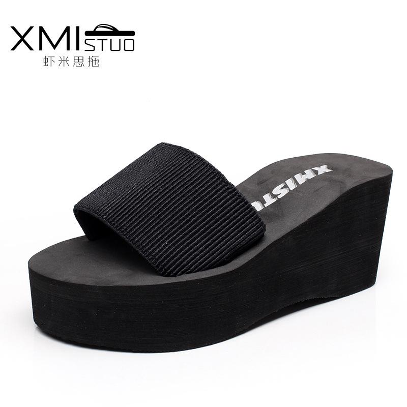 New Cool Slippers Summer Women's Platform One-word Drag Women's Muffin Slippers Slope Heel Beach Shoes Sandals Non-slip