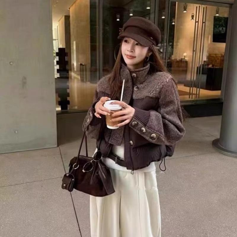 Fashion Woolen Spliced Down Padded Jacket Women's Winter Short Coat Loose Parkas Thicken Warm Stand-collar Outerwear