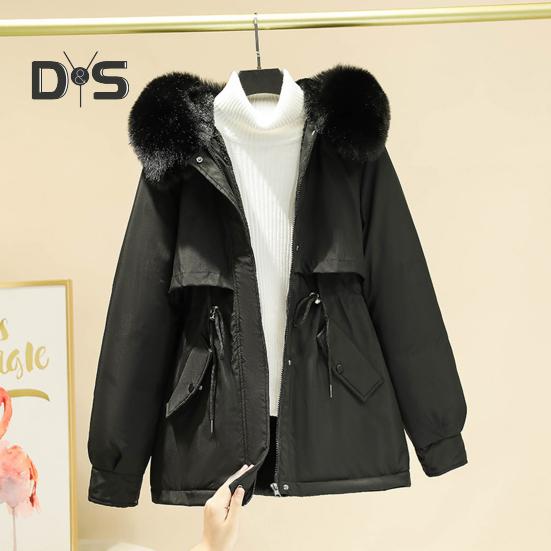 Casaco de inverno feminino com capuz peludo, mangas compridas, acolchoado, cordão, bolsos na cintura, casaco de algodão, fecho de zíper, comprimento médio, cor sólida, à prova de vento, casaco quente