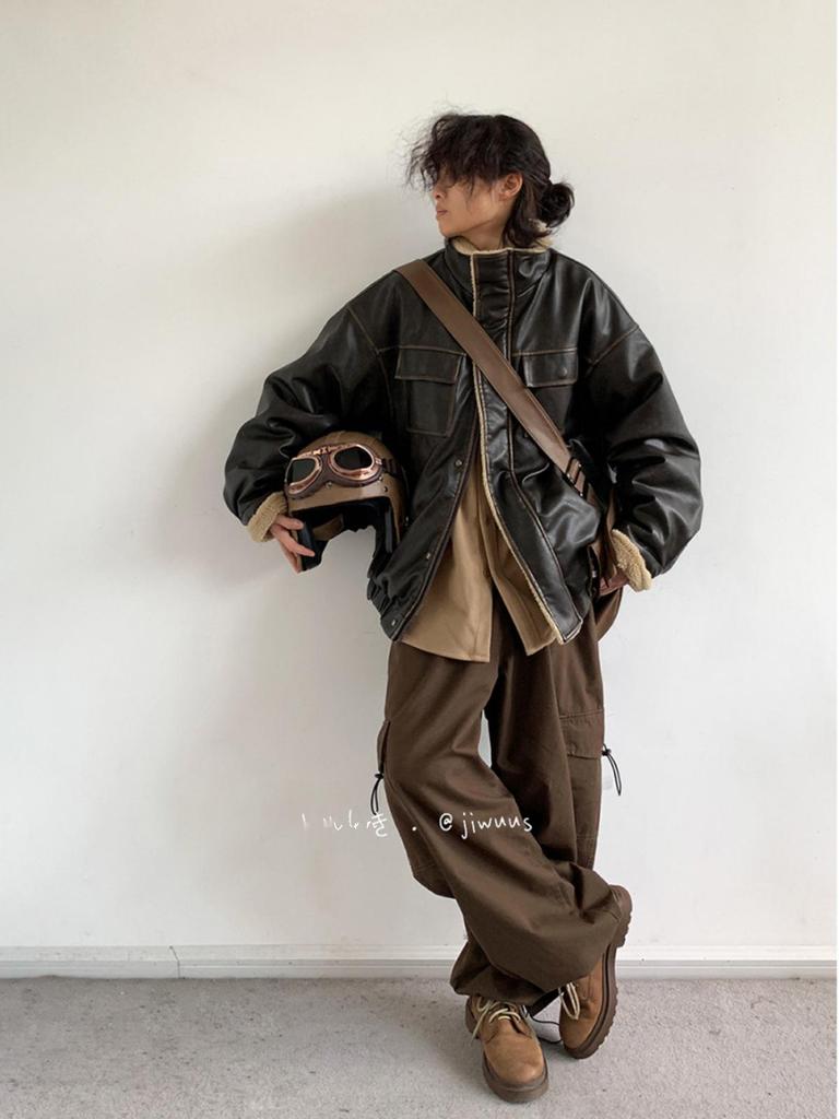 Unisex Japanese Retro Lambswool Leather Jacket for Autumn and Winter