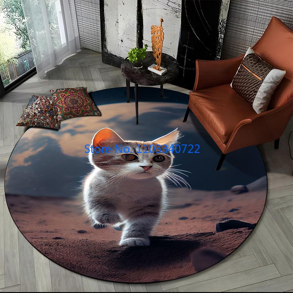 Cute Calico Cat Persian Cat Ragdoll Rug Round Carpet 120cm Crawling Game Non-slip Floor Mat for Kids Bedroom Living Room Decor