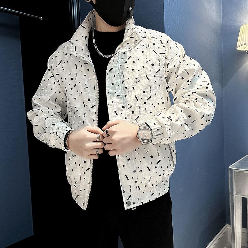 

Autumn Winter Fashion Stand Collar Printing Long Sleeve Jackets Men s Clothing Simplicity Coats Trend Casual Loose Pocket Tops M білий