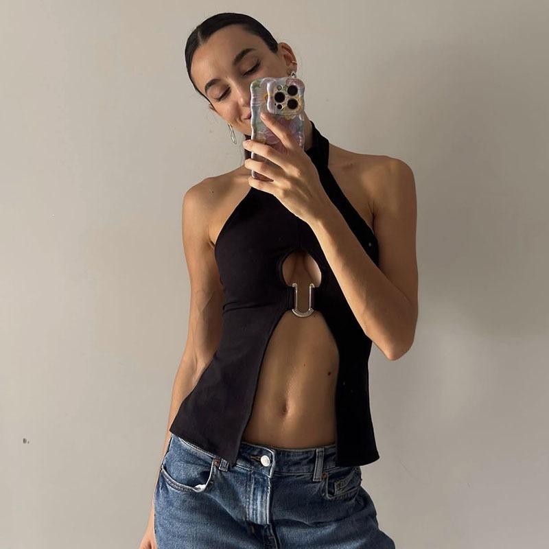 European and American summer new ins style Spice Girls sexy slim-fitting hollowed-out navel neck vest top women