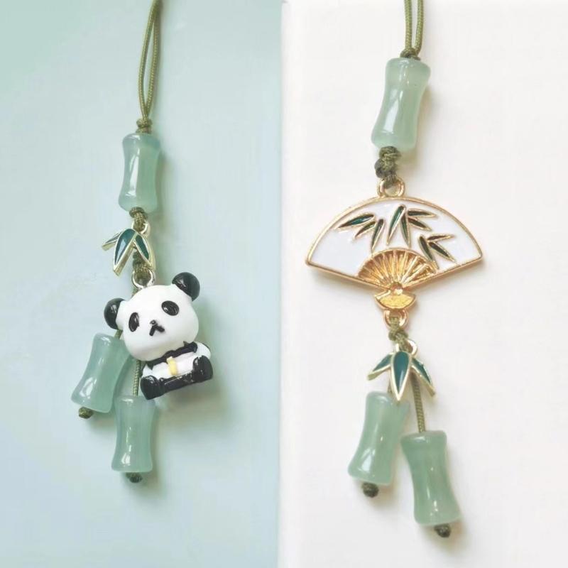 Stylish Cyan Pandas/Fan Phone Lanyard Trendy Han Costume Pendants Fashion Bamboo Joint Phone Charm Straps Ornaments