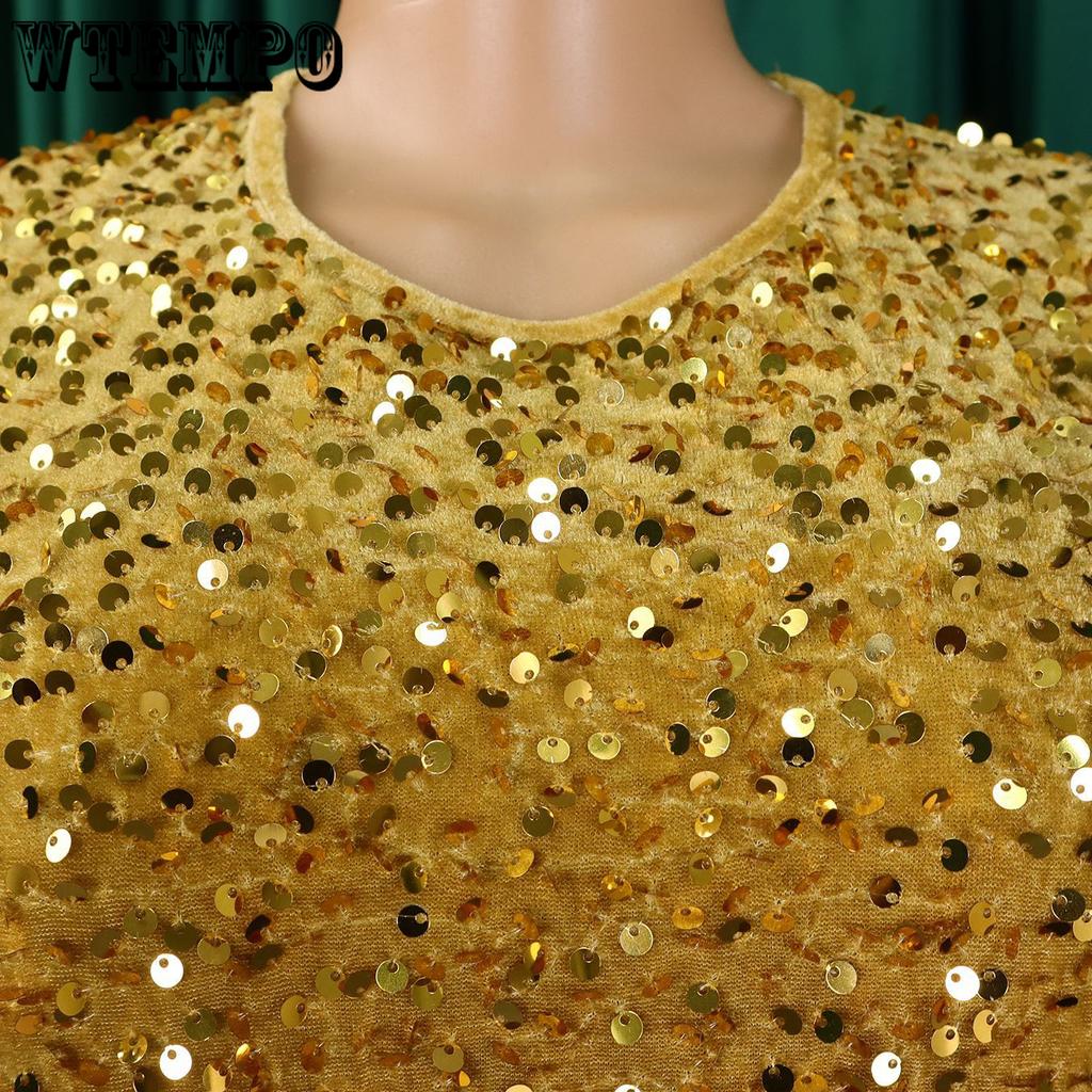 Sukienki damskie z okrągłym dekoltem, długim rękawem, jednolitym kolorem, cekinami, wysokim stanem, o średniej długości