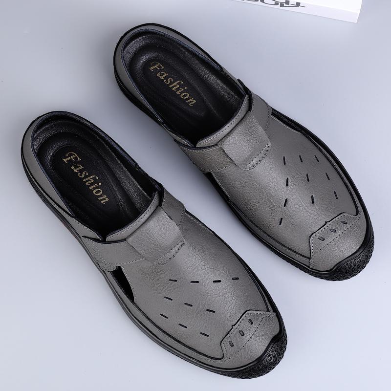 Fashion Non-Slip Man Hollow Out Sandals Genuine Leather Mens Casual Summer Flats Outdoor Loafers Leather Beach Shoes for Men Roman Shoes