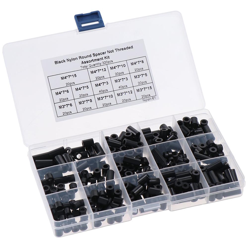 

320 Pcs Black Screws Spacers Assortment Kit Nylon Outlet Spacers Fasteners Round Spacer Screws