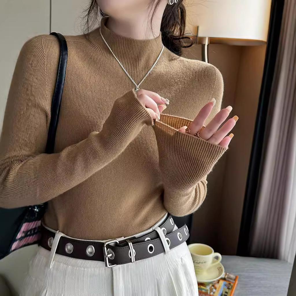 Women's High-End Base Layer for Spring and Autumn Luxury Gray Half-High Neck Sweater Mid-Neck Knit Top