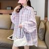 Navava Women Casual Seersucker Check Long Sleeve Shirt Nb2714