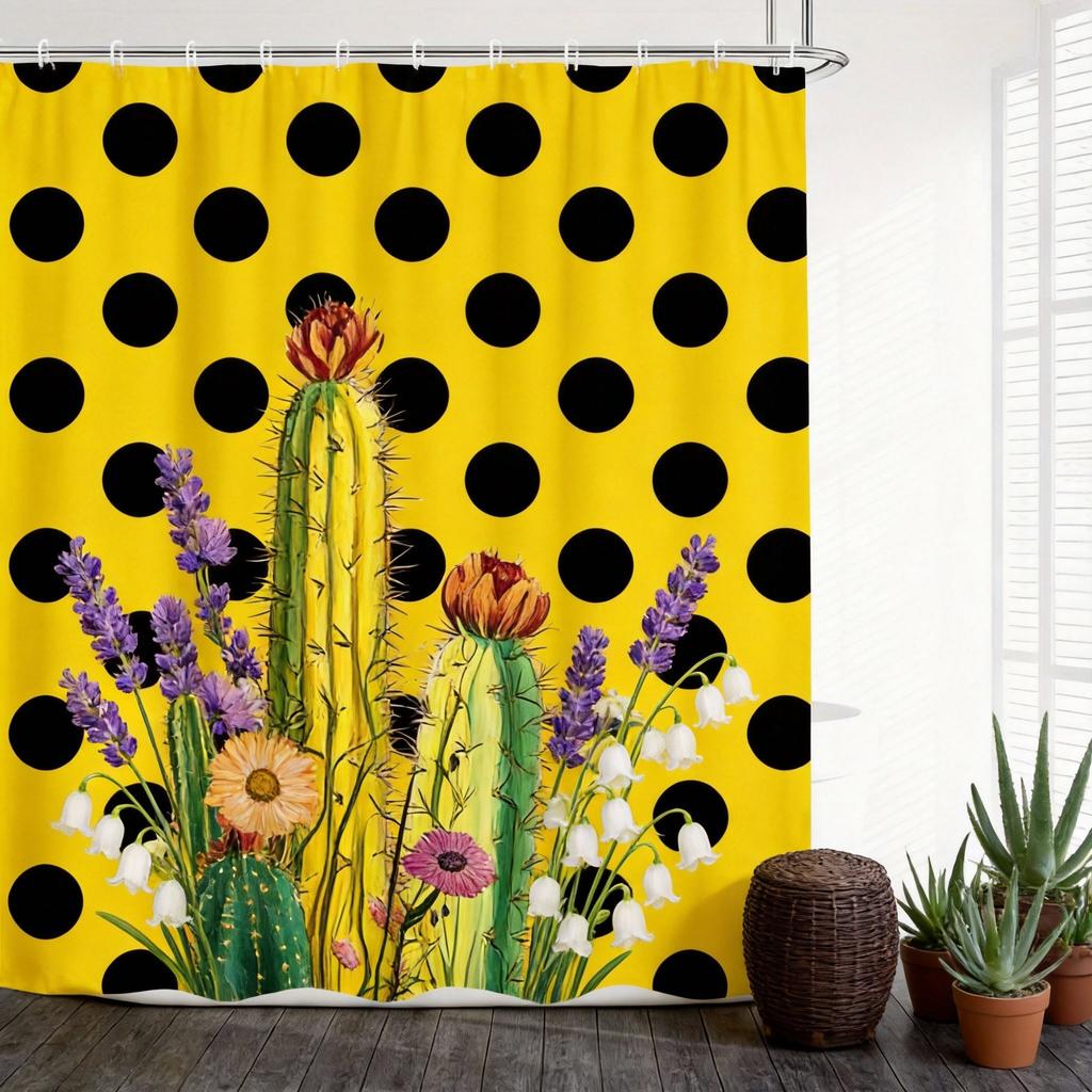 Cactus Shower Curtain 180x180cm – Whimsical Desert Garden with Blooms, Boho Southwestern Bathroom Decor, 12 Hooks