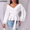 Women Fashion Solid Color Off Shoulder Lantern Long Sleeve Blouses