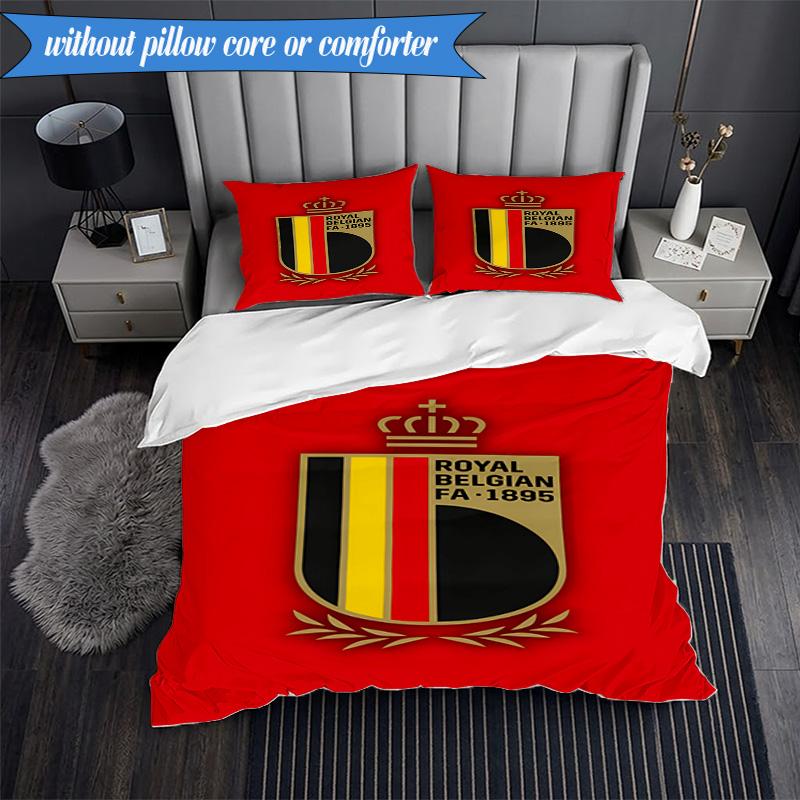 3PCS Belgium Football Crest Emblem Bedding Set 2D Printing (Includes 1 Duvet Cover + 2 Pillowcases Coreless), Bedroom decor,Fan gift