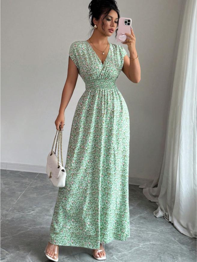 

European and American V-Neck Waist-Cinched Short-Sleeved Dress - Spring/Summer Print Long Skirt for Women Small