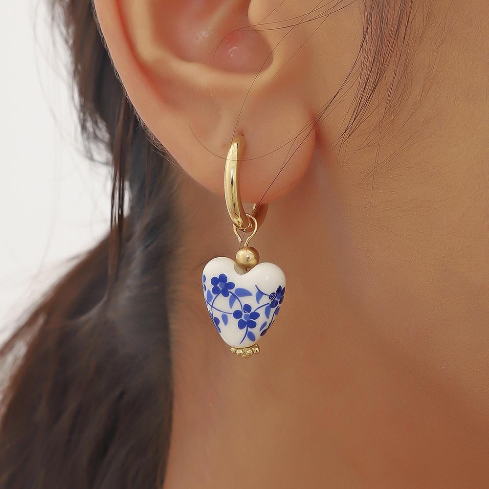 Blue and White Porcelain Teapot Pendant Earring Vintage Ceramic Heart Ball Pearls Dangle Earrings Stainless Steel Jewelry Gift