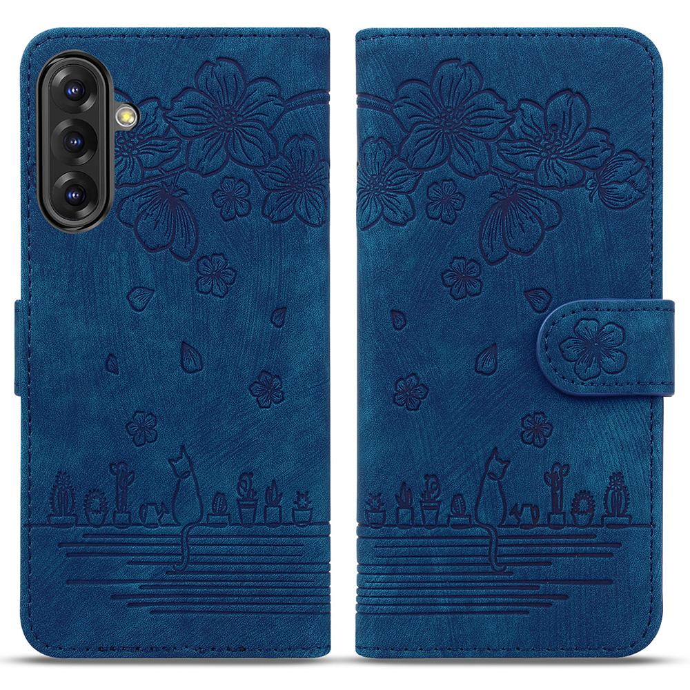 

For Samsung Galaxy A56 5G Case Flip Stand Leather Phone Cover Cherry Blossom Cat Imprinted Blue