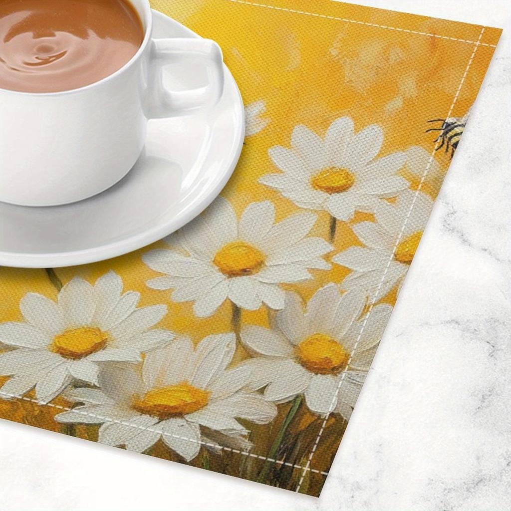 4pcs Linen Placemat Set, Bee Dance Floral Fabric Table Mats, Suitable for Kitchen and Restaurant Decoration, Family Gathering Dinner Table Decoration,