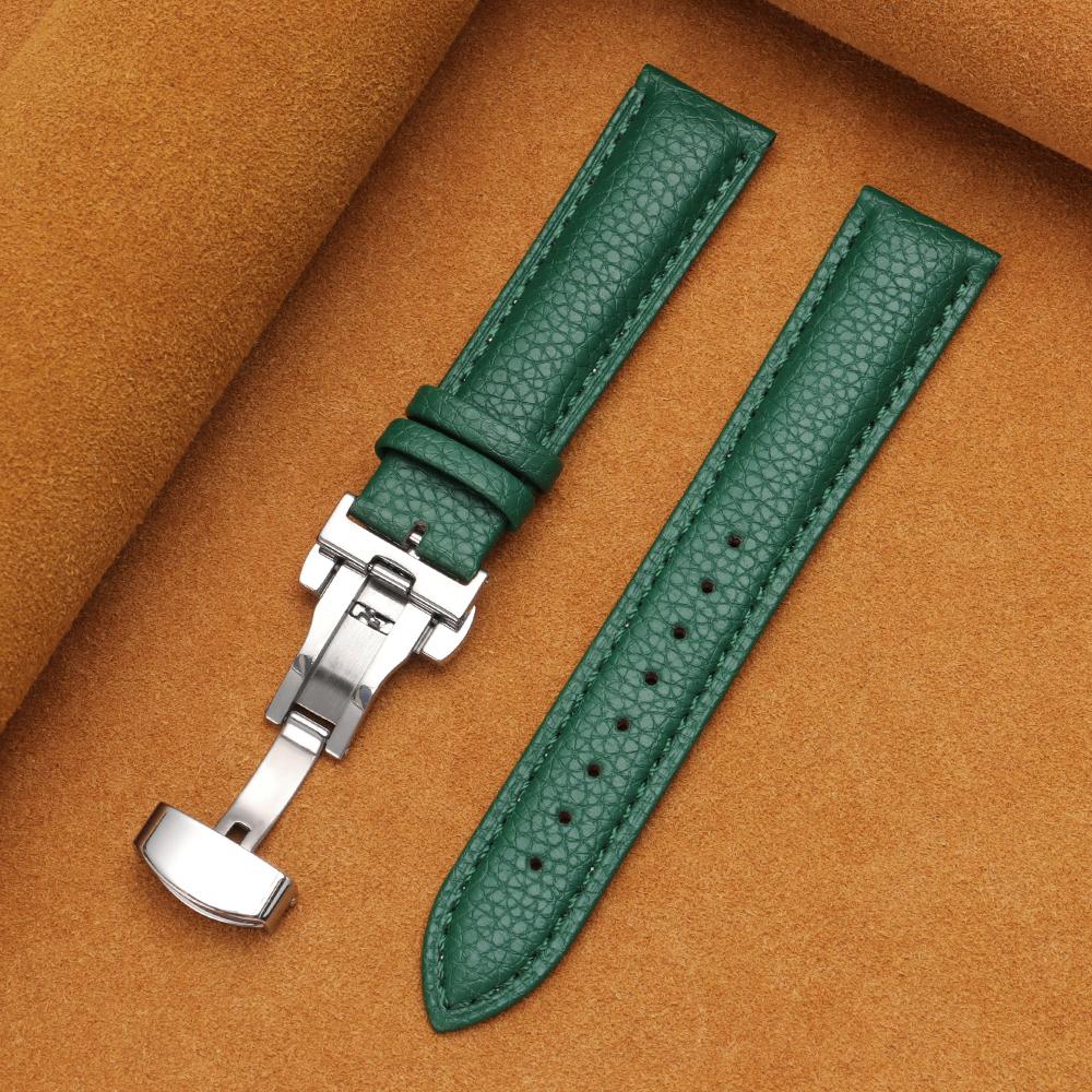 12/14/16/18/19/20/22mm Kalvskinnsklockarmband Litchimönstrad Rem Äkta Läder Armbandsurrem Fjärilsspänne Klocktillbehör
