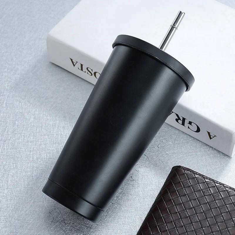 1pcs Stainless Steel Coffee Mug with Straw Lid Portable Coffee Cup Drinking Beer Milk Water Cup Restaurant Bar Party