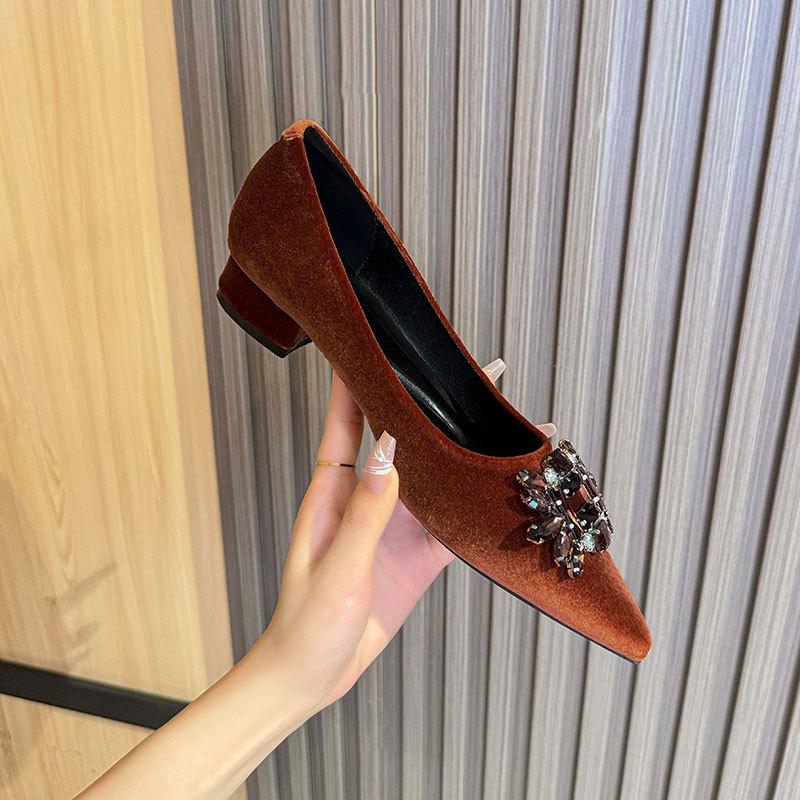 

French thick heel pointed head shallow mouth single shoes women s 2025 spring and autumn new suede rhinestone square buckle versatile low heel 40