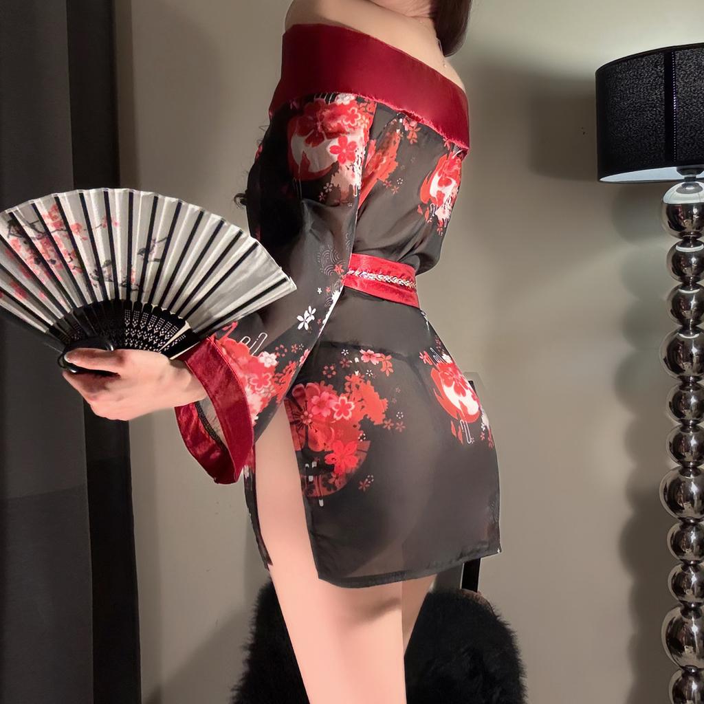 Sexy Off-the-shoulder One-word Shoulder Japanese Black Flower Kimono See-through Buttocks Free-of-charge Bathrobe Cardigan Costume Cosplay