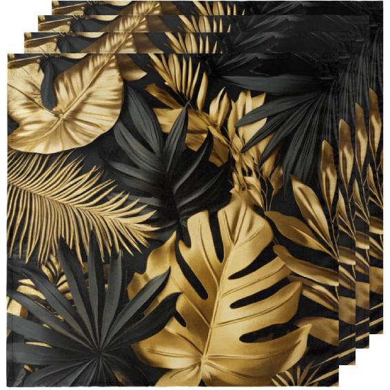 Plam Leaf Cloth Napk Set of 4 Black Golden Luxurious Dinner Cloth Reble 20 X 20 Inch Washable Soft Kitchen Table Napk for Cocktails Holiday Party