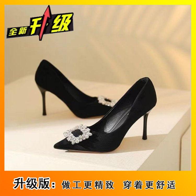 Black 2025 Rhinestone Square Buckle High Heels New French Versatile Suede Shallow Mouth Pointed Temperament Women's Shoes Single Shoes Women