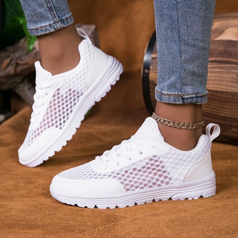 [Breathable Sneakers] Breathable Mesh Women's White Casual Sneakers | Summer Low-Top Lace-Up Shoes with EVA Cushioned Sole