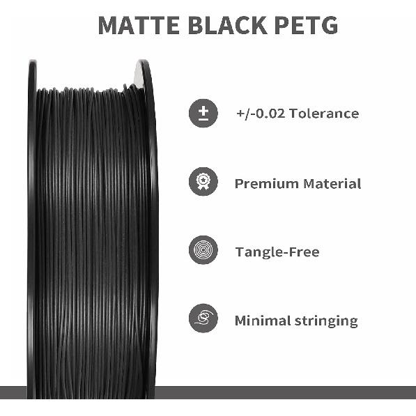 Petg Filament 1.75,Black Matte Petg 3D Printing Filament 1.75mm Dimensional Accuracy +/- 0.02 mm, 1Kg Spool(2.2lbs),Fit Most FDM Printers