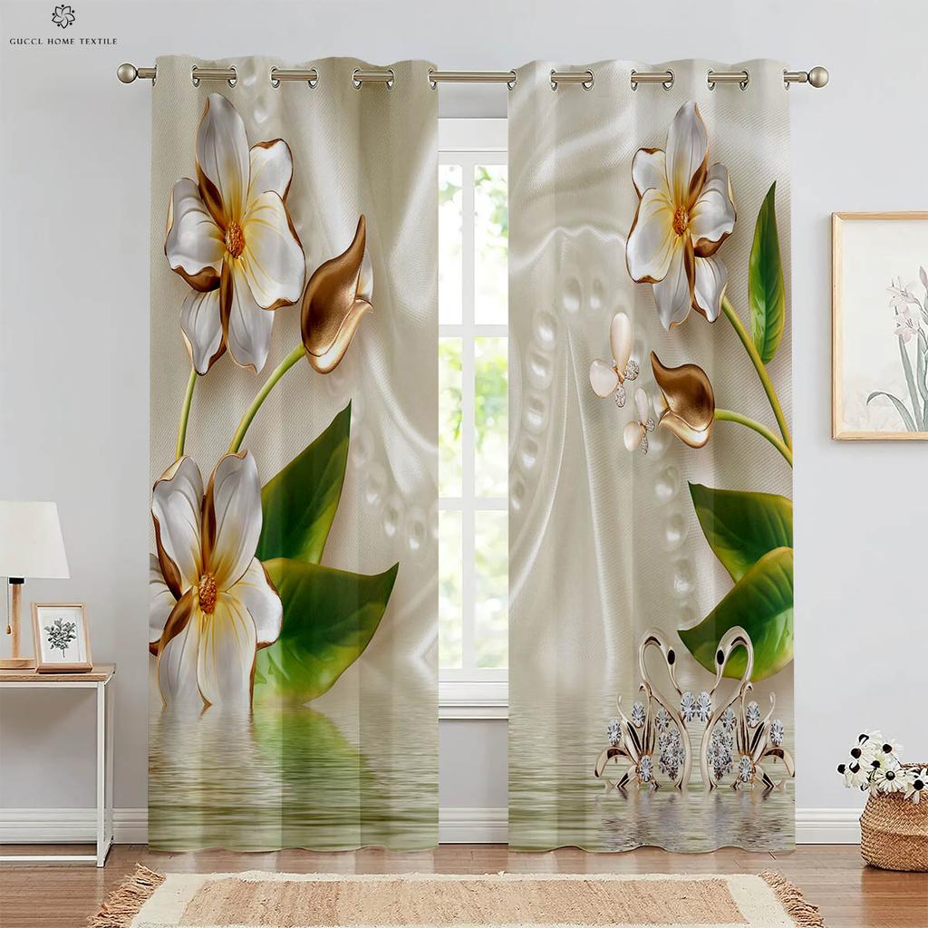 Set Of 2 Window Curtains Flowers Water Printing Kitchen Bedroom Study Living Room Decorative Curtain For Made Polyester