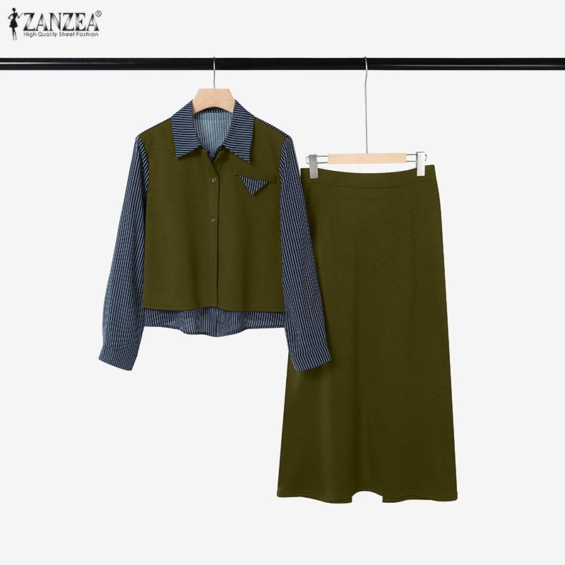 ZANZEA Women Splice Long Sleeve Blouse and Skirts Casual Two Piece Suit Sets