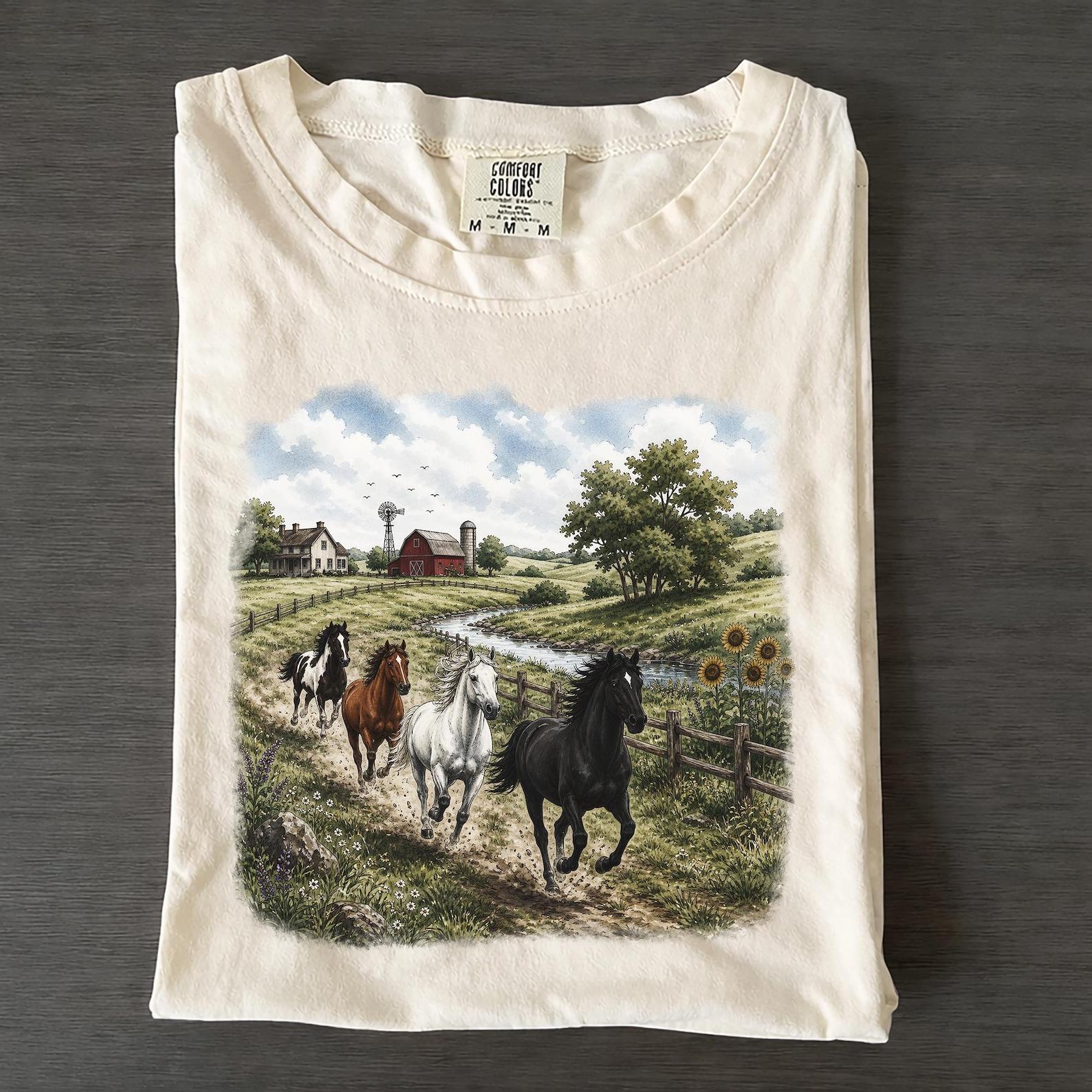 Vintage Wild Horses 90s Graphic T-Shirt, Retro Western Farm Scene Tee 3XL