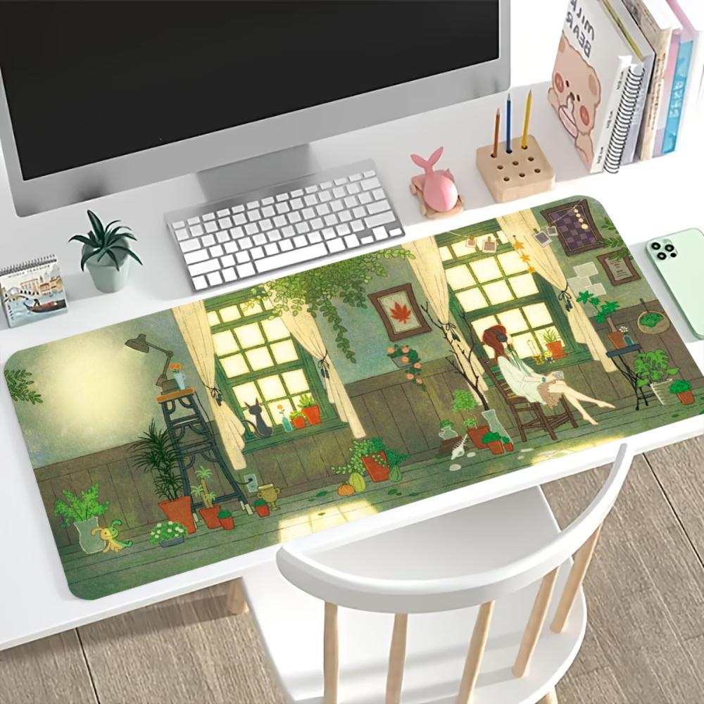 Vintage Anime House Large Gaming Mouse Pad NonSlip Rubber Base Stitched Edge Desk Mat For Laptop Office Daily Desktop Decor