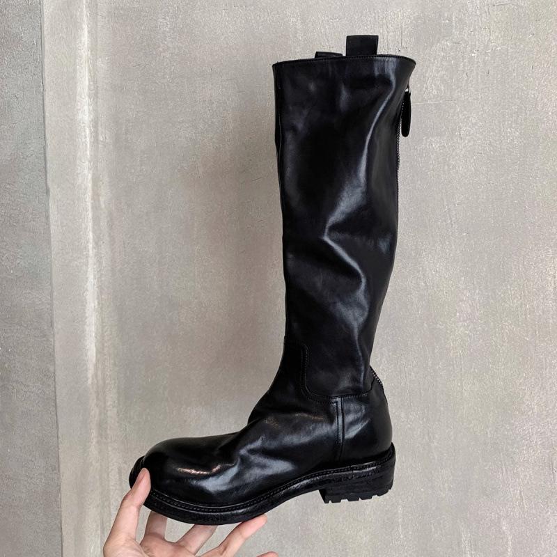 Cowhide Version~ Retro Pleated Thick-soled Long Knight Boots Women's Thin Leather High Boots