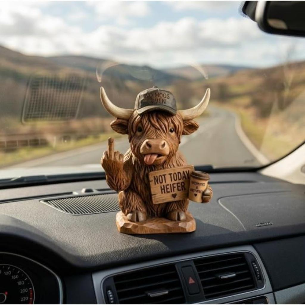 No Moos Given Highland Cow Desk Statue, Funny Middle Finger Cow Figurine with Coffee Cup & Sassy Sign, Cute Farmhouse Desktop Decor, Gag Gift