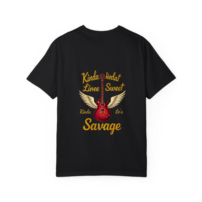 White T-Shirt with Guitar and Wings Print Kinda Sweet Kinda Savage Text for Music Lovers Casual Wear