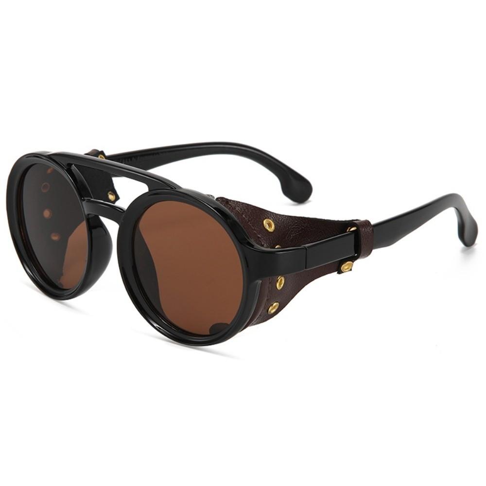 

Leather Side Retro Round Glasses Polarizing Night Vision Anti Wind Steampunk Sunglasses Lightweight Circular Frame