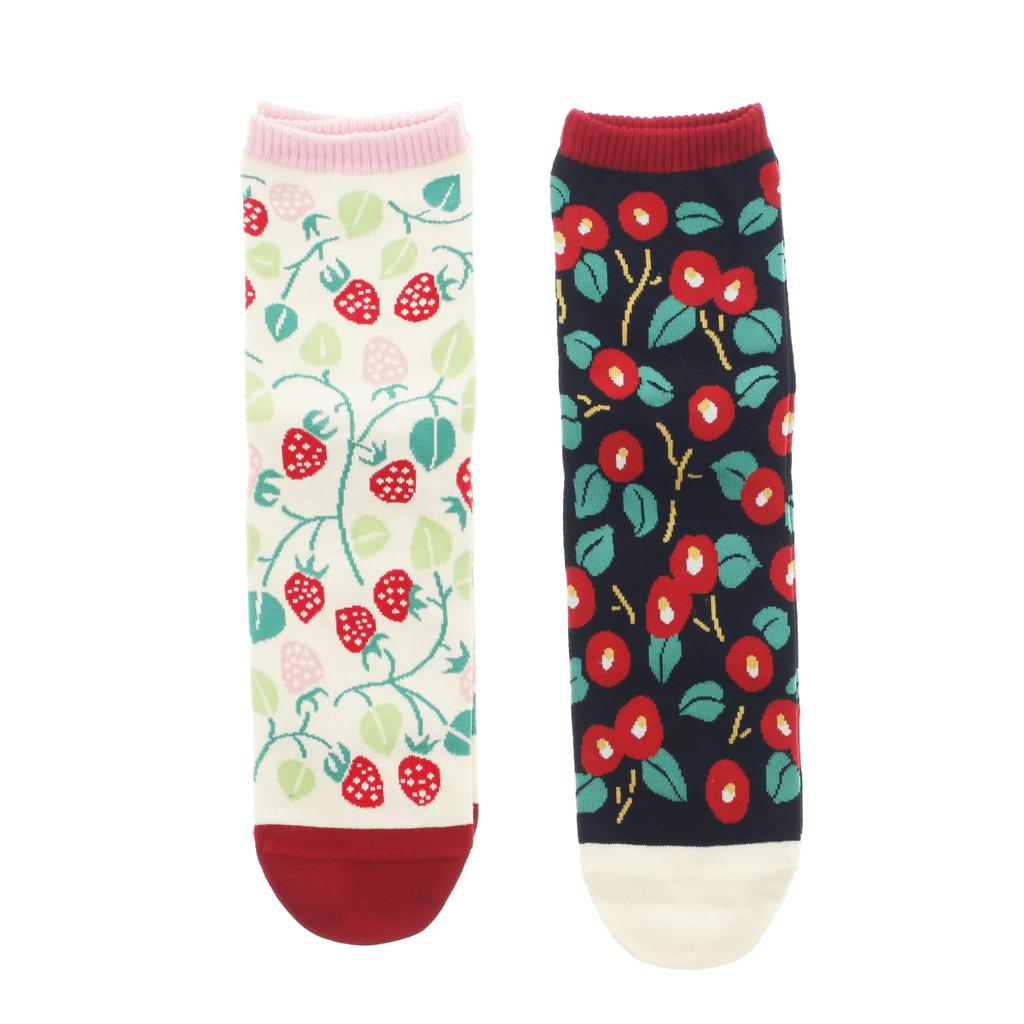 Kyosuke Crew Smooth Sizes Set of 2 Pairs Socks, Socks, Camellia/Strawberry, Black, Pink, 23-25cm,