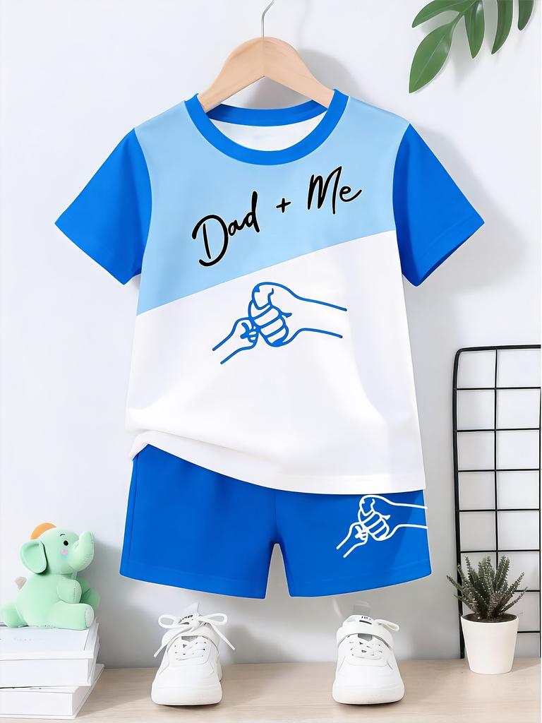 New Summer Boys' Sporty Fashion Color-Block Father & Son Fist Bump Print Round Neck Short Sleeve T-Shirt + Shorts 2pcs Set 2026