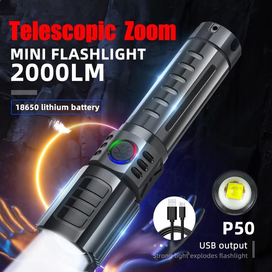 2000LM P50 Flashlight Super Bright USB Rechargeable Tactical Zoom Waterproof LED Torch Lamp Outdoor Camping Fishing Lantern