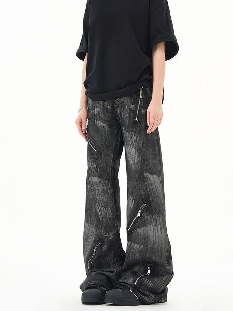 TOWYYO Denim Long Straight Long Street Bell Shibuya Unisex Men's Harajuku-style Pants, Pants, Pantaloons, Zip-Up Jeans, Takami, Cut, Washed,