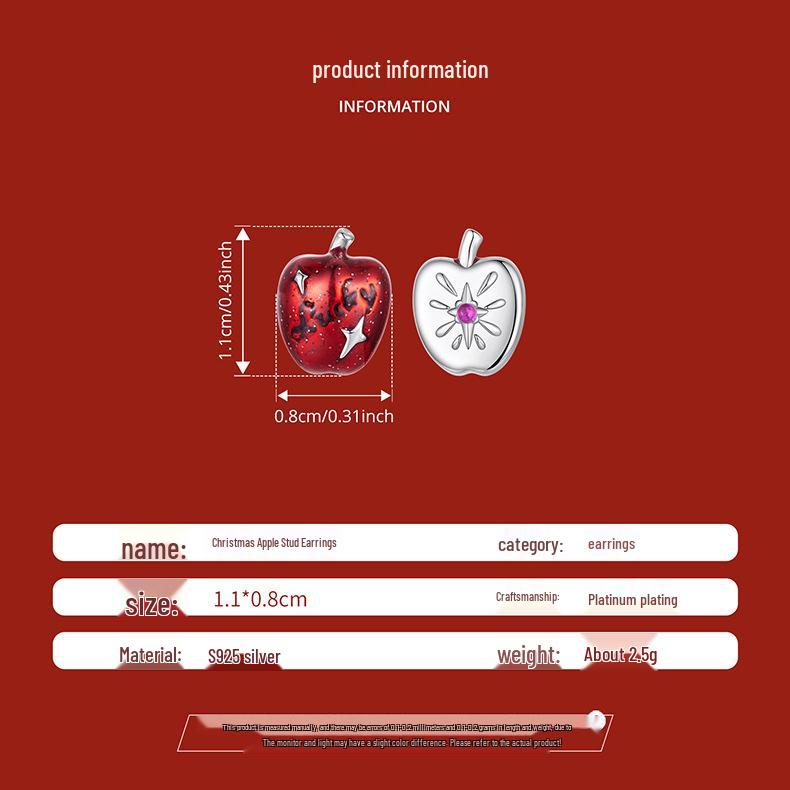 Yinziyun Asymmetrical Christmas Apple Earrings: S925 Sterling Silver Lucky Red Apple Studs