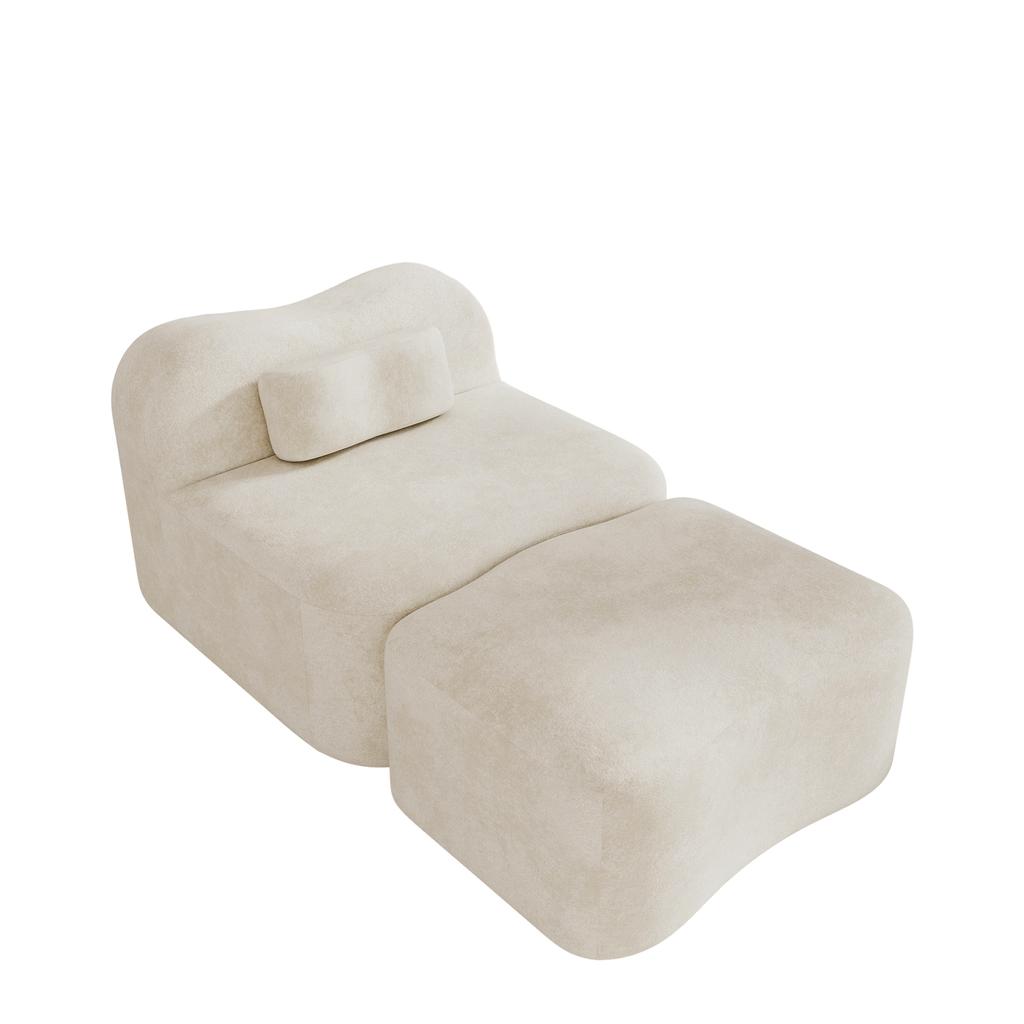 Modular Frameless Sofa with Ottoman, Wave Design, 32D Foam Filling, Movable Back Cushion, Soft Fabric, for Apartment, Living Room and Bedroom, Beige