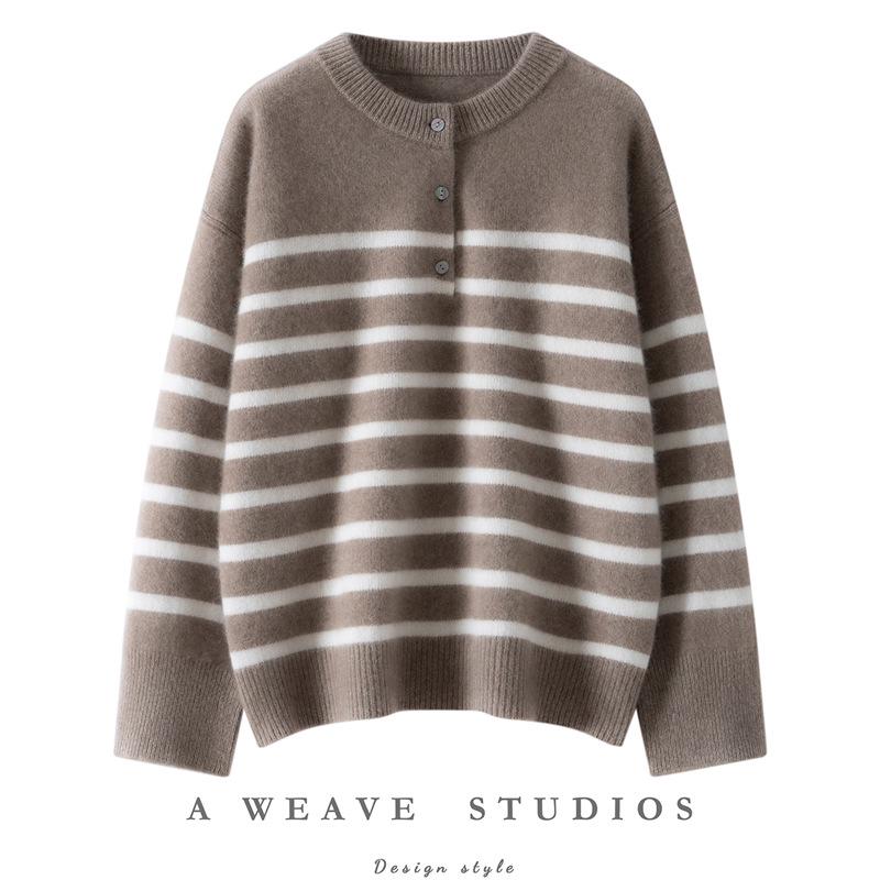 Women's Striped Color Block Henley Cashmere Sweater - Autumn/Winter Thick Knitwear