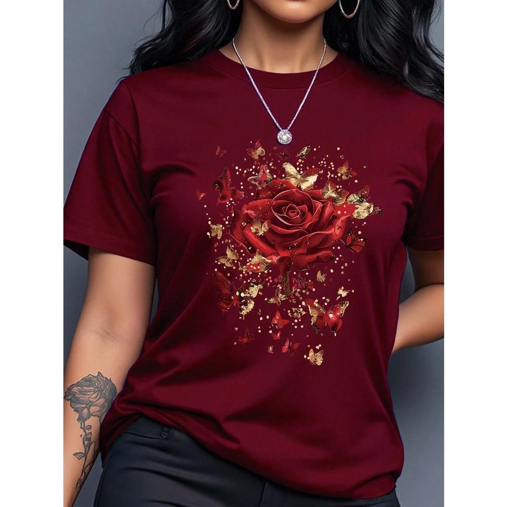 Women's Yellow T-Shirt with Gold Rose Print, Round Neck Short Sleeve Casual Top