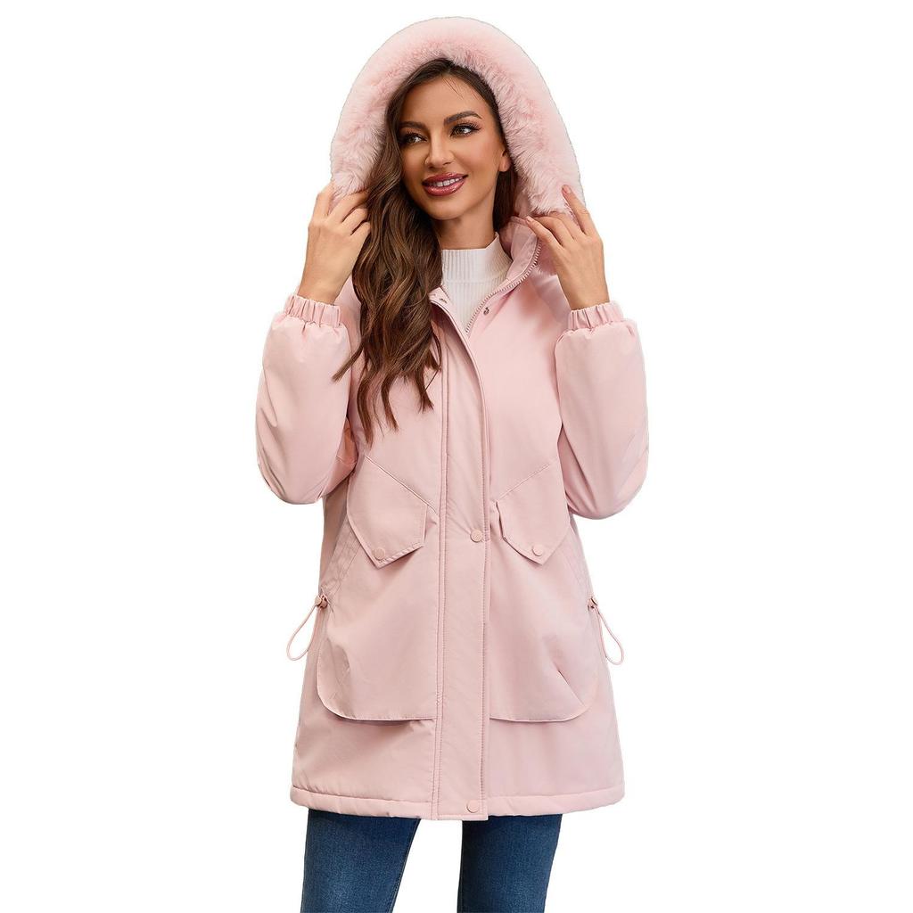 Parka lungă de iarnă pentru femei, în stil european și american, cu căptușeală din lână polară și guler mare de blană